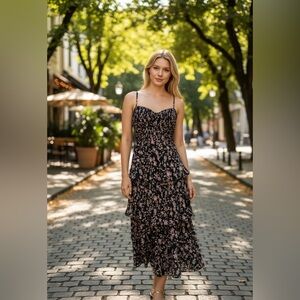 Lulus Cascading Crush Floral Tiered Bustier Midi Dress Black L